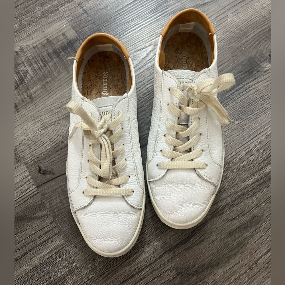 Soludos Cream White Leather Sneakers with Tan Heel
